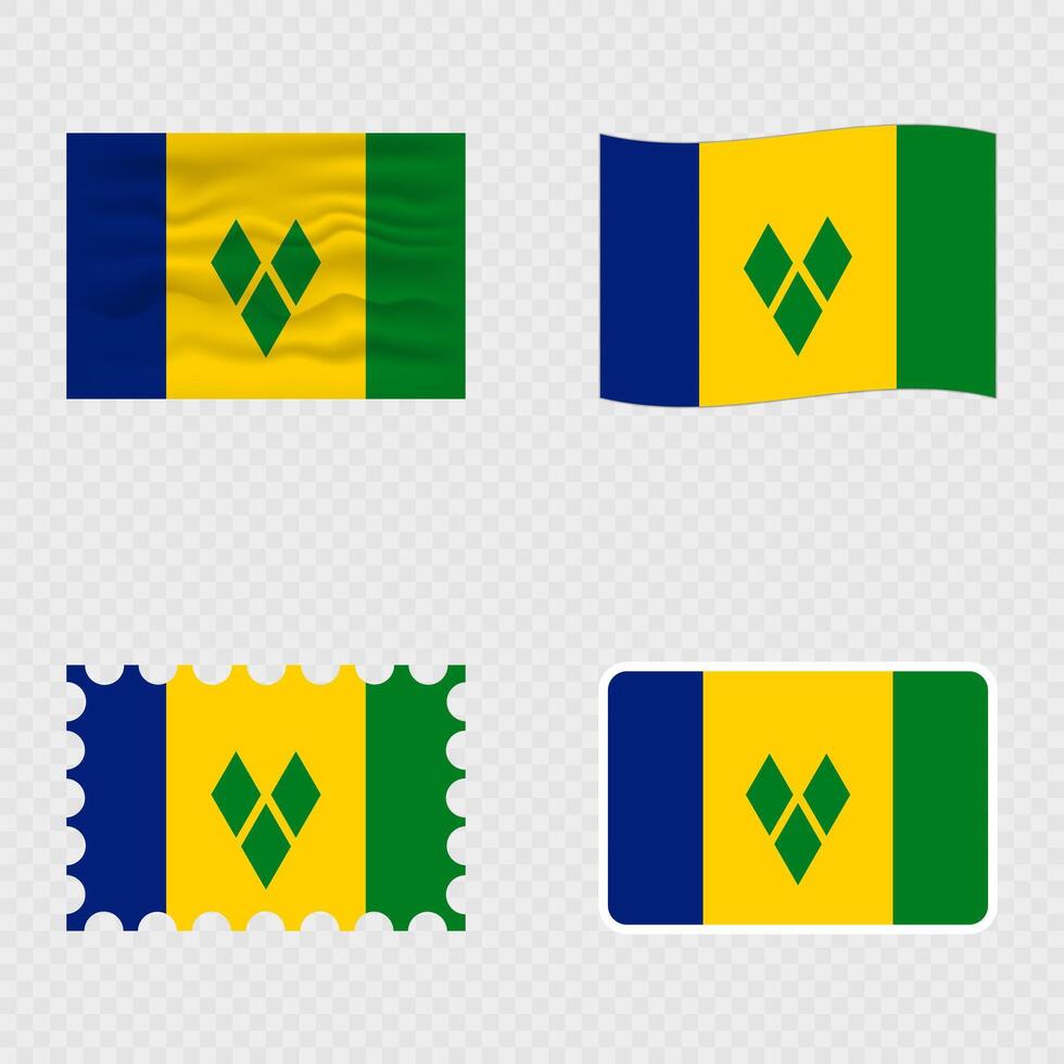 Saint Vincent and the Grenadines national flag in four different styles. vector