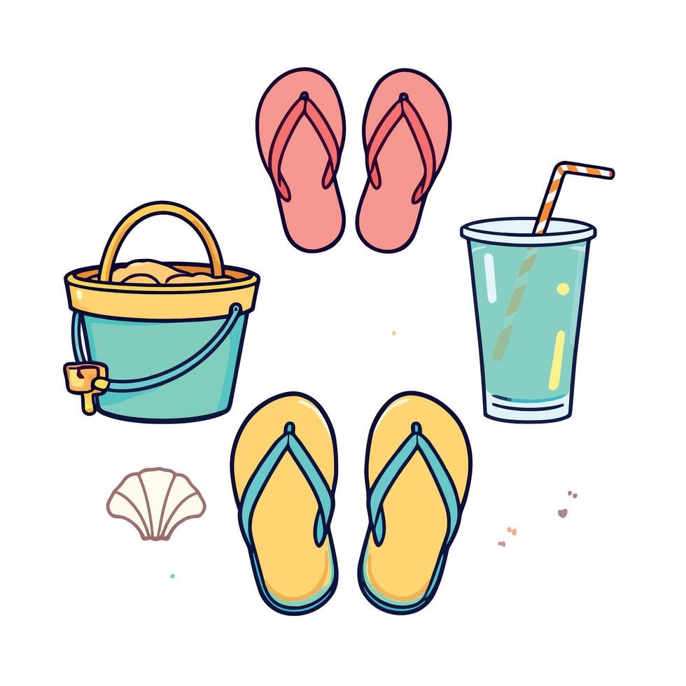 Beach essentials for summer fun, flip flops, sand pail, seashell, and refreshing drink vector