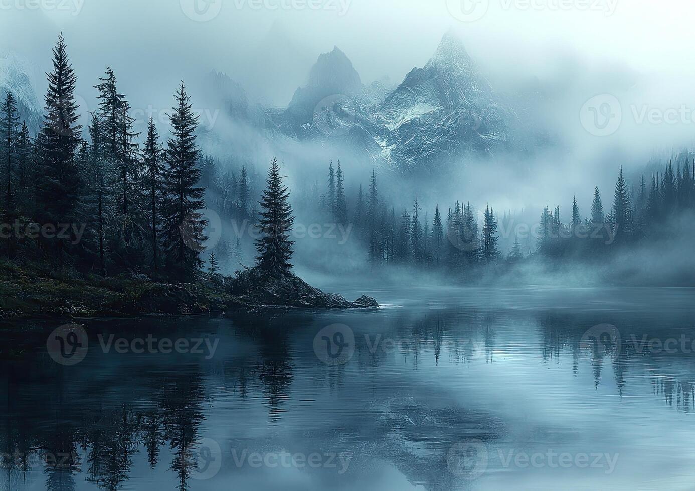 a lake surrounded by trees and mountains photo
