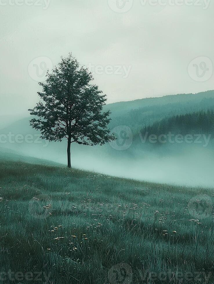 a lone tree stands in a field on a foggy day photo