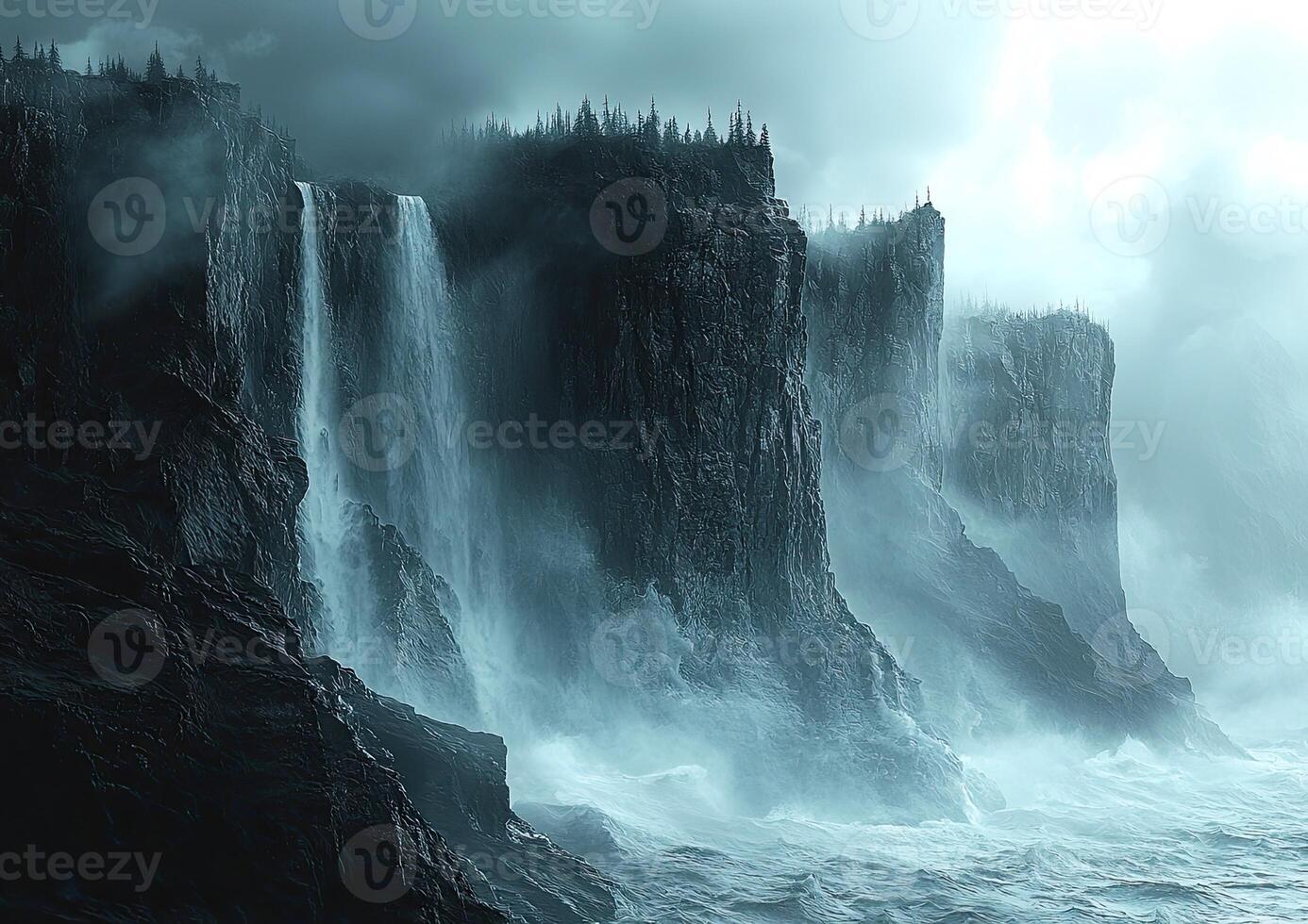 a waterfall is seen in the middle of a stormy ocean photo