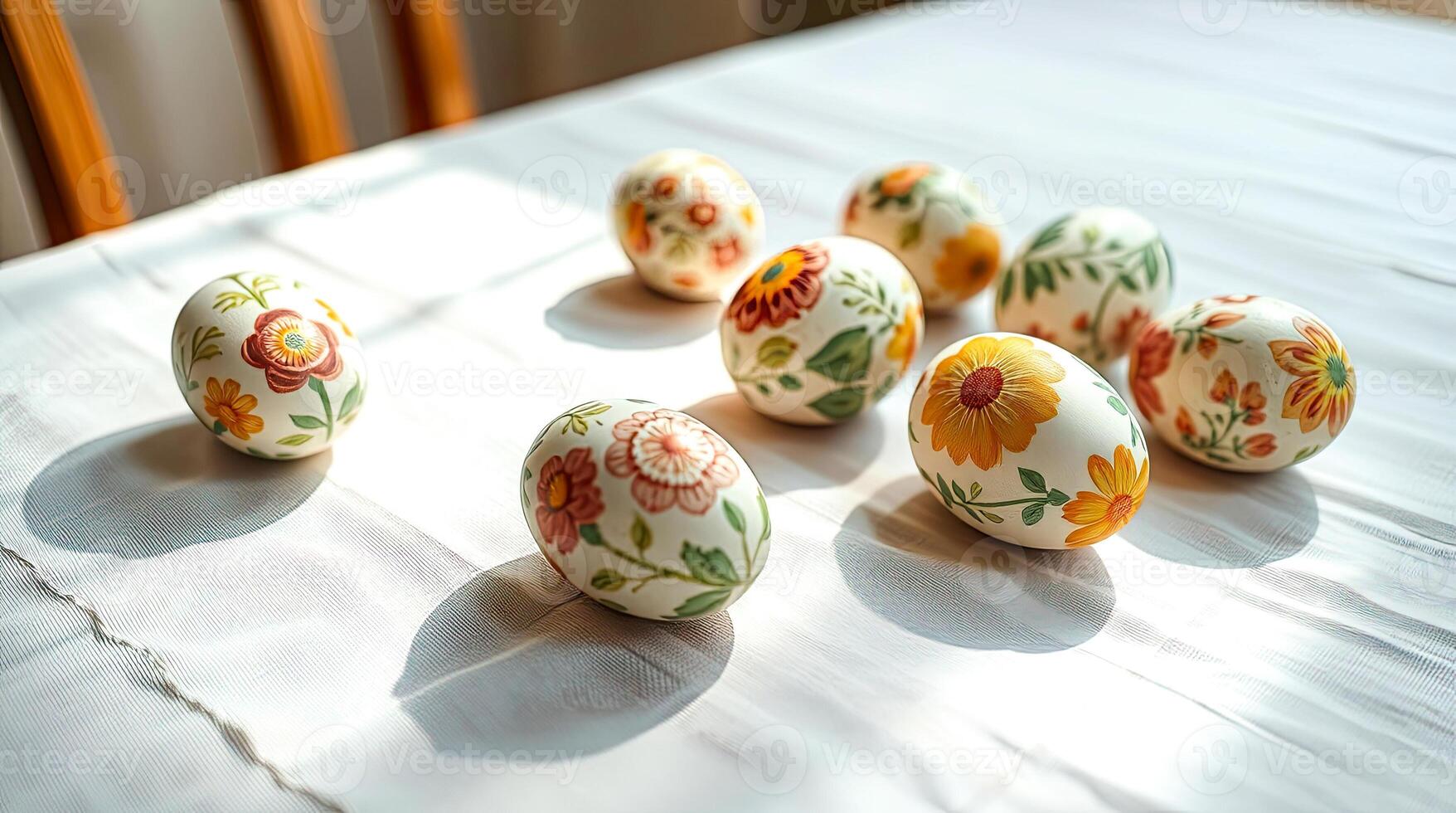 Colorful Easter eggs close up on a white tablecloth. photo