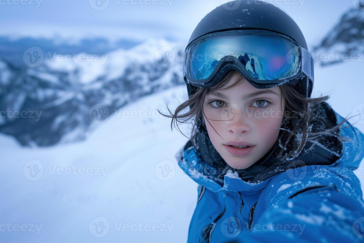 Portrait of a beautiful girl in a ski suit and helmet. photo
