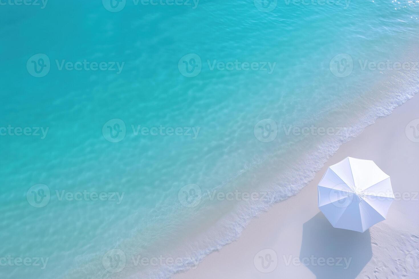 White umbrella on the beach with turquoise water and white sand, top view photo