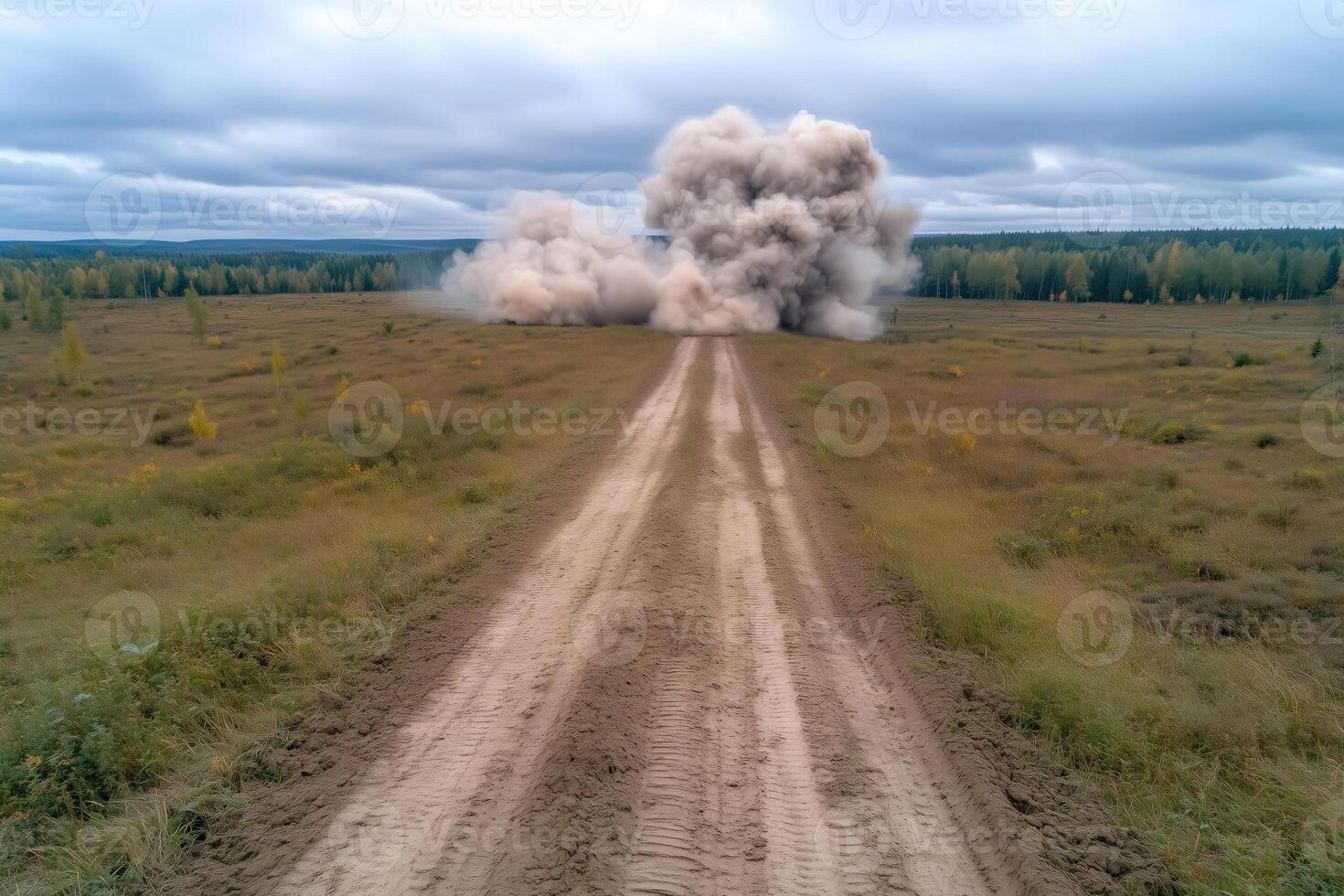 Aerial view of a rural road through a field with explosion in the distance photo