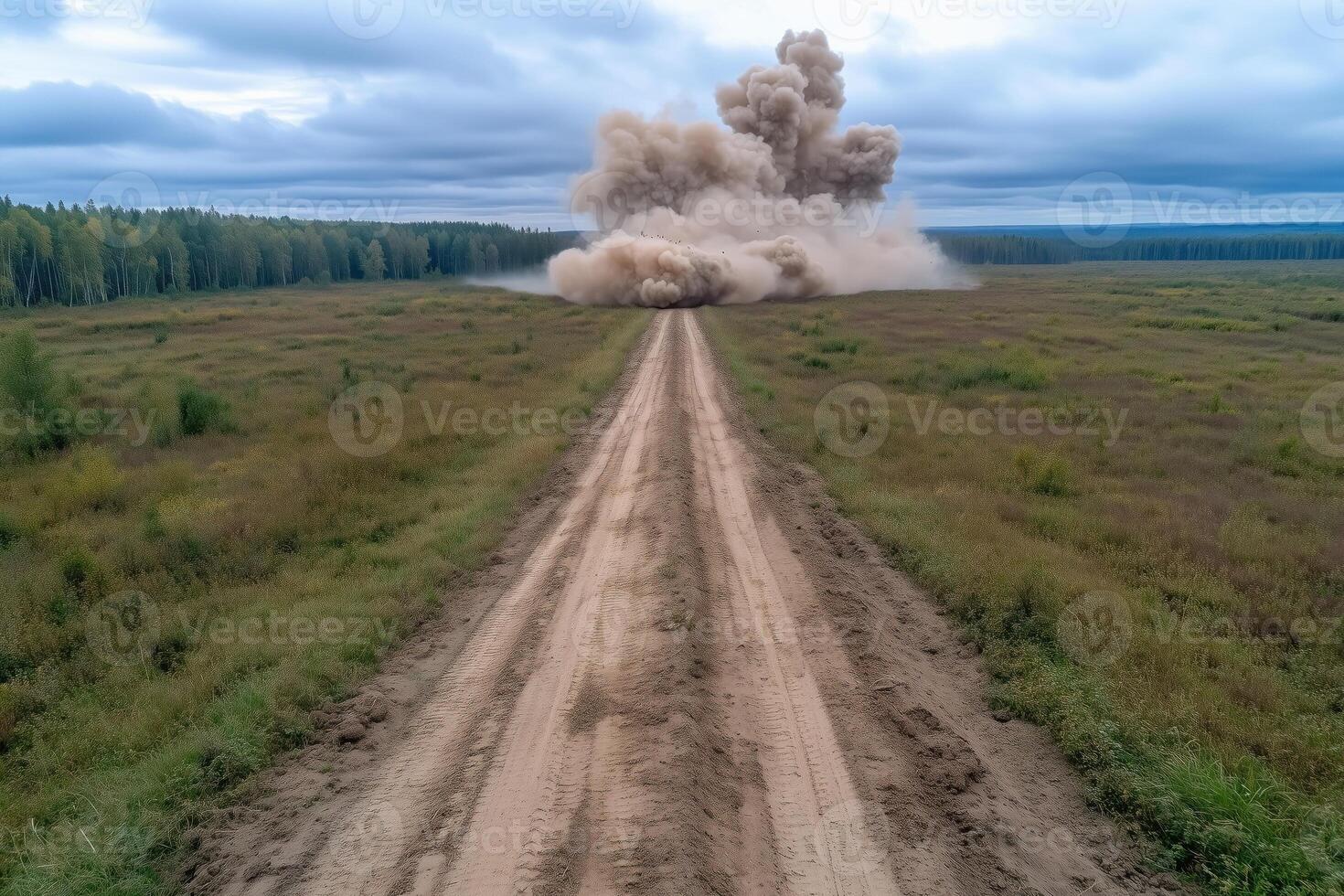 Aerial view of a dirt road through the field with massive explosion in the distance photo