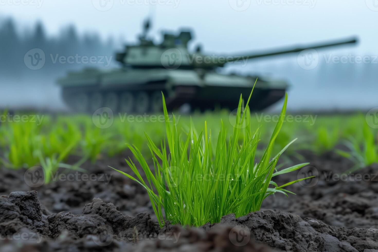 green spring grass seedlings growing in soil with military tank in background photo