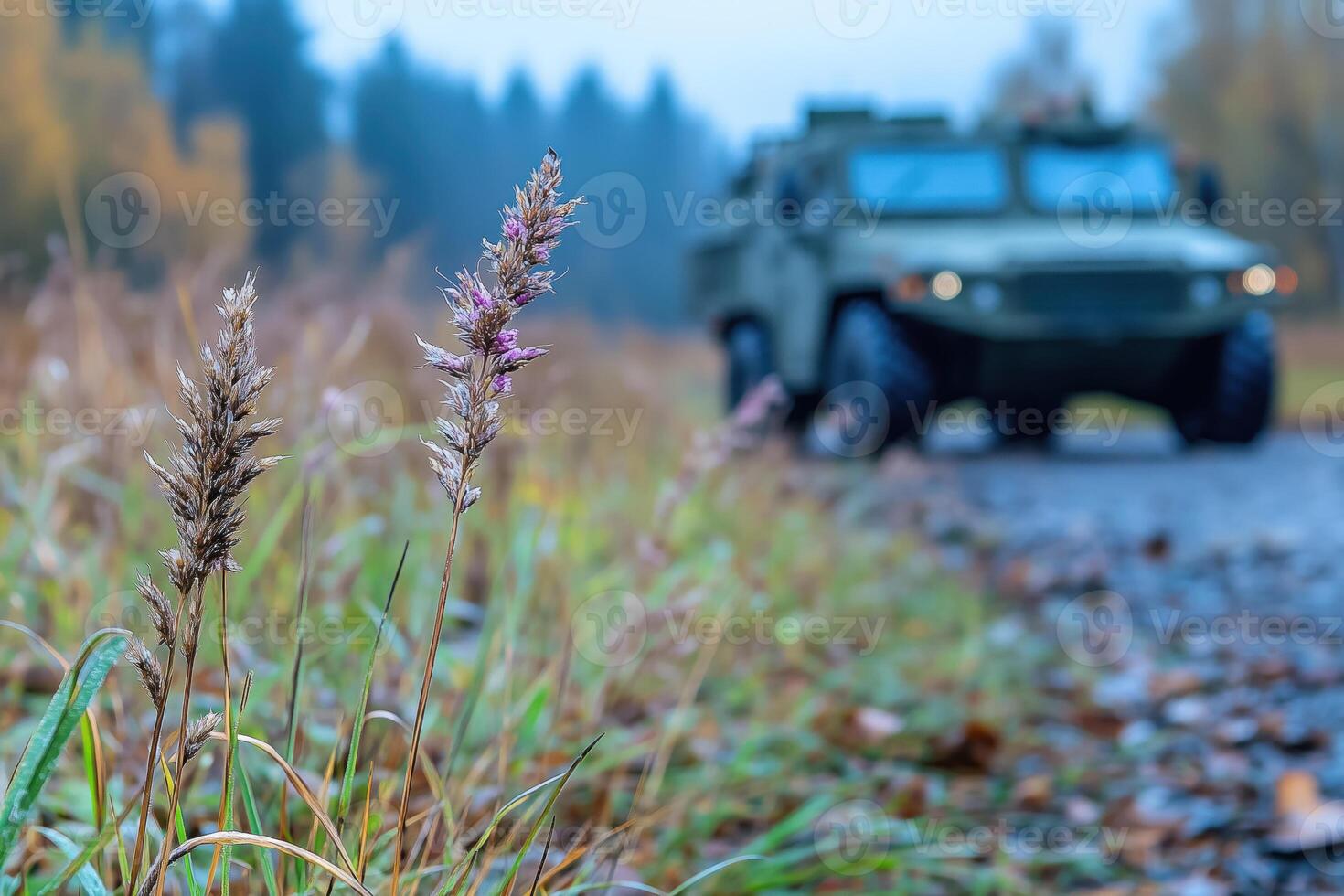 Military vehicle on the road in the autumn forest with grass on a foreground photo