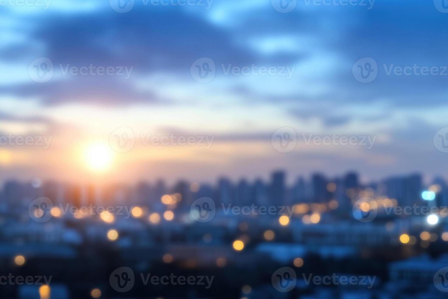 Abstract blurred cityscape at sunset background, defocused urban landscape. photo