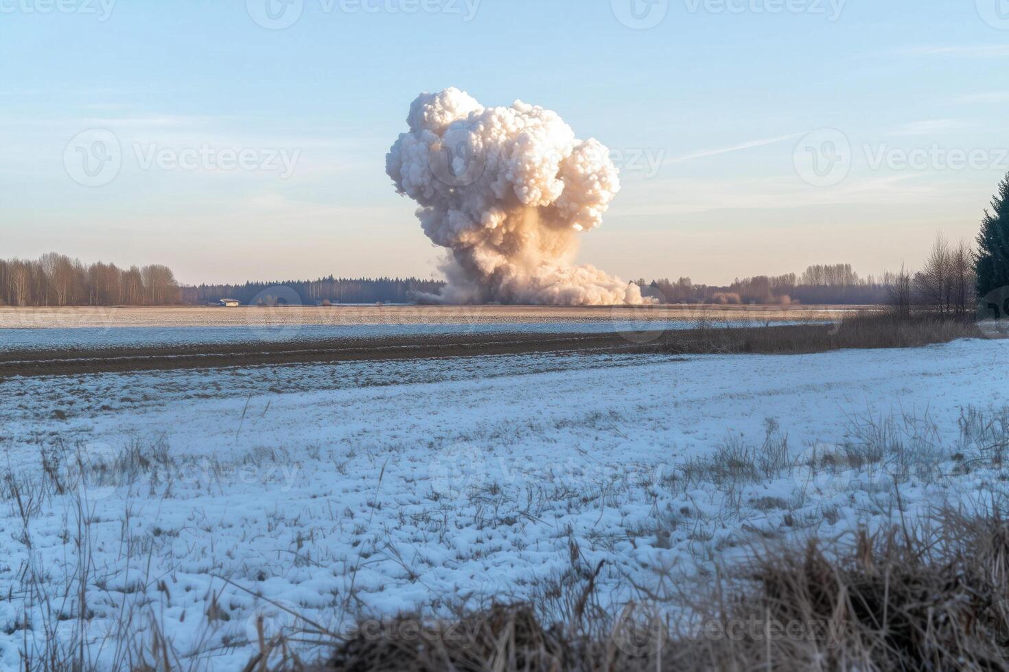 A huge cloud of smoke after explosion over the field in winter. photo