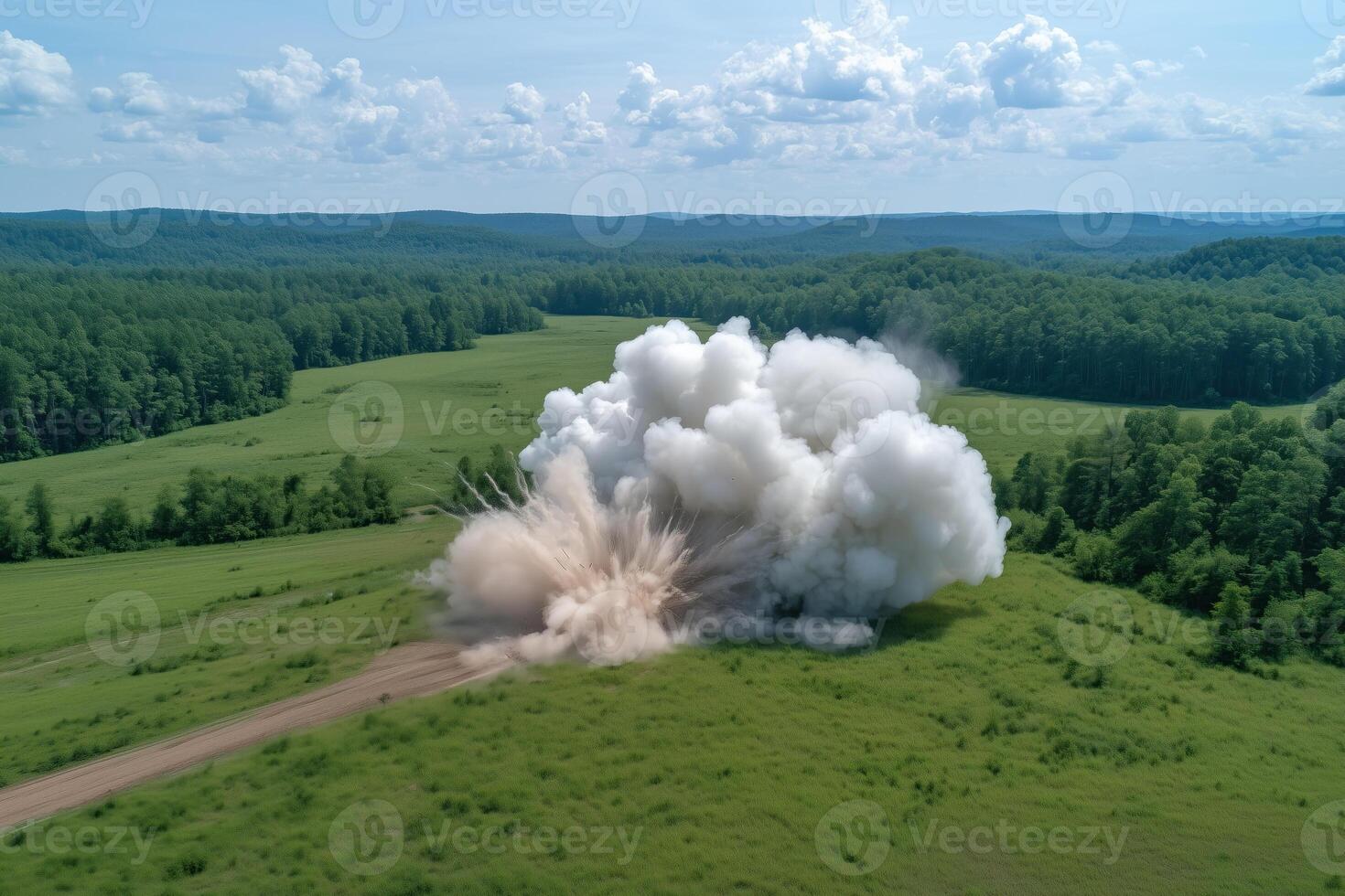Aerial view of a large explosion on the dirt road in the forest photo