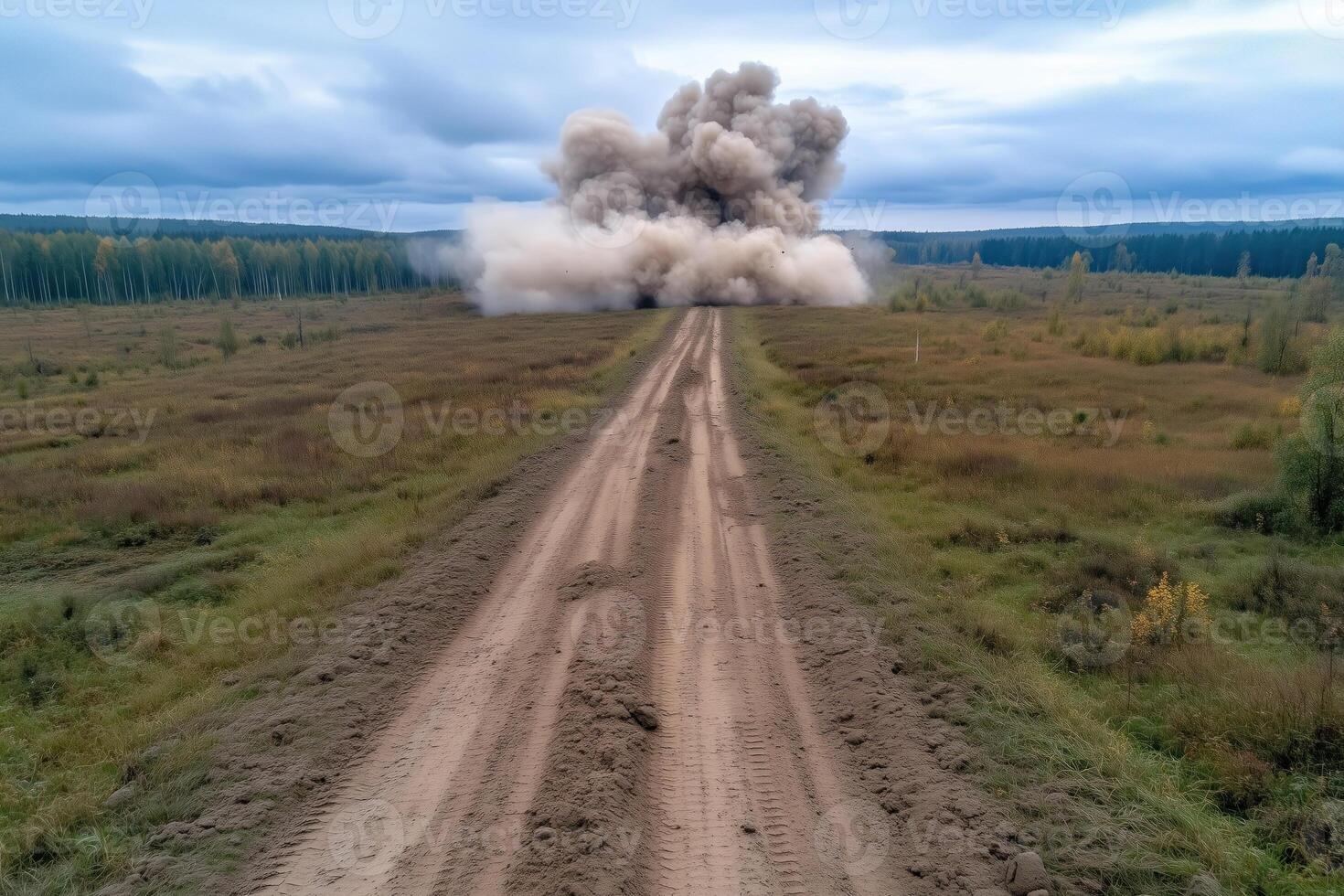 Dirt road in the middle of the steppe with a large cloud of smoke after explosion photo