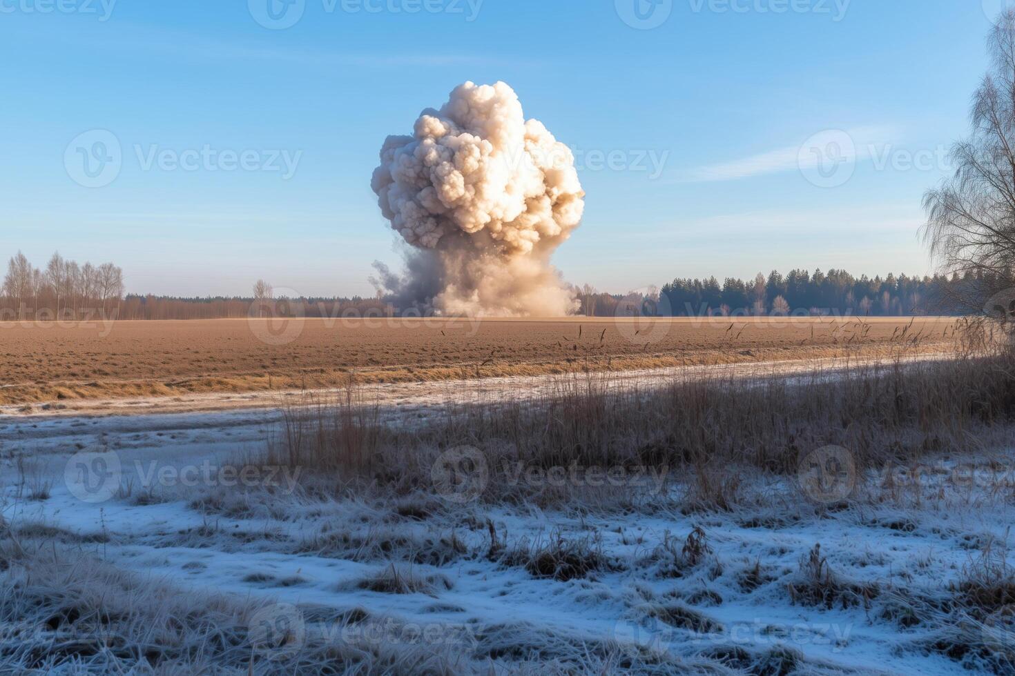 A huge cloud of smoke rises above a field after explosion photo