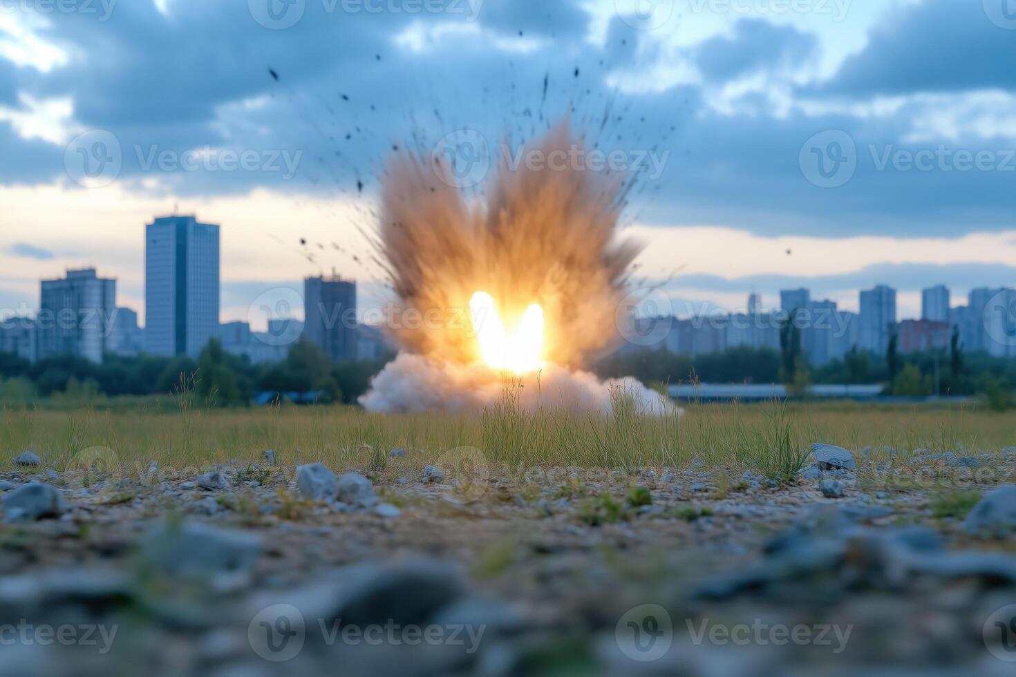 large cloud of smoke from an explosion at the edge of a city photo