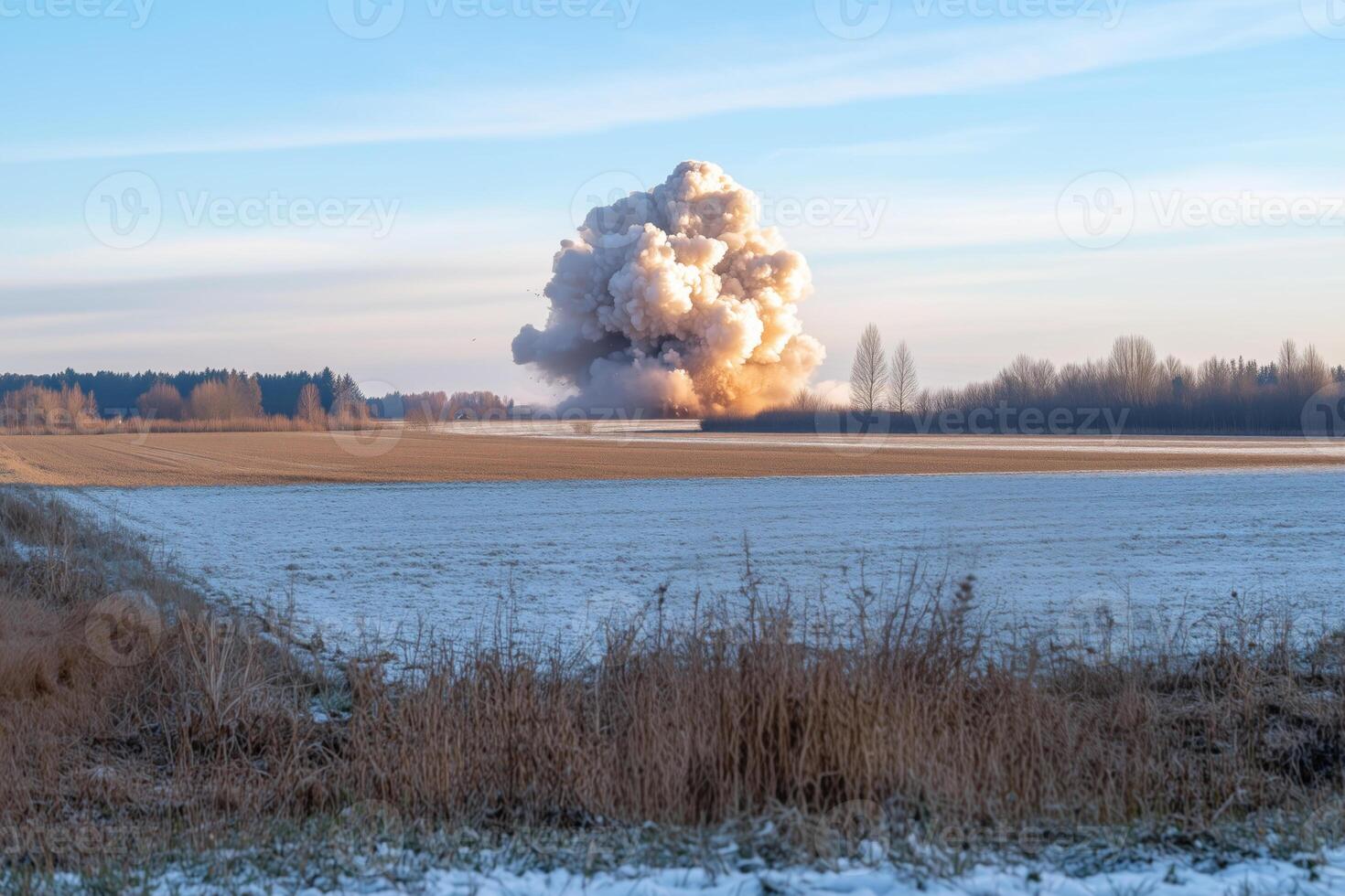 massive explosion over tne snowy field in early spring photo