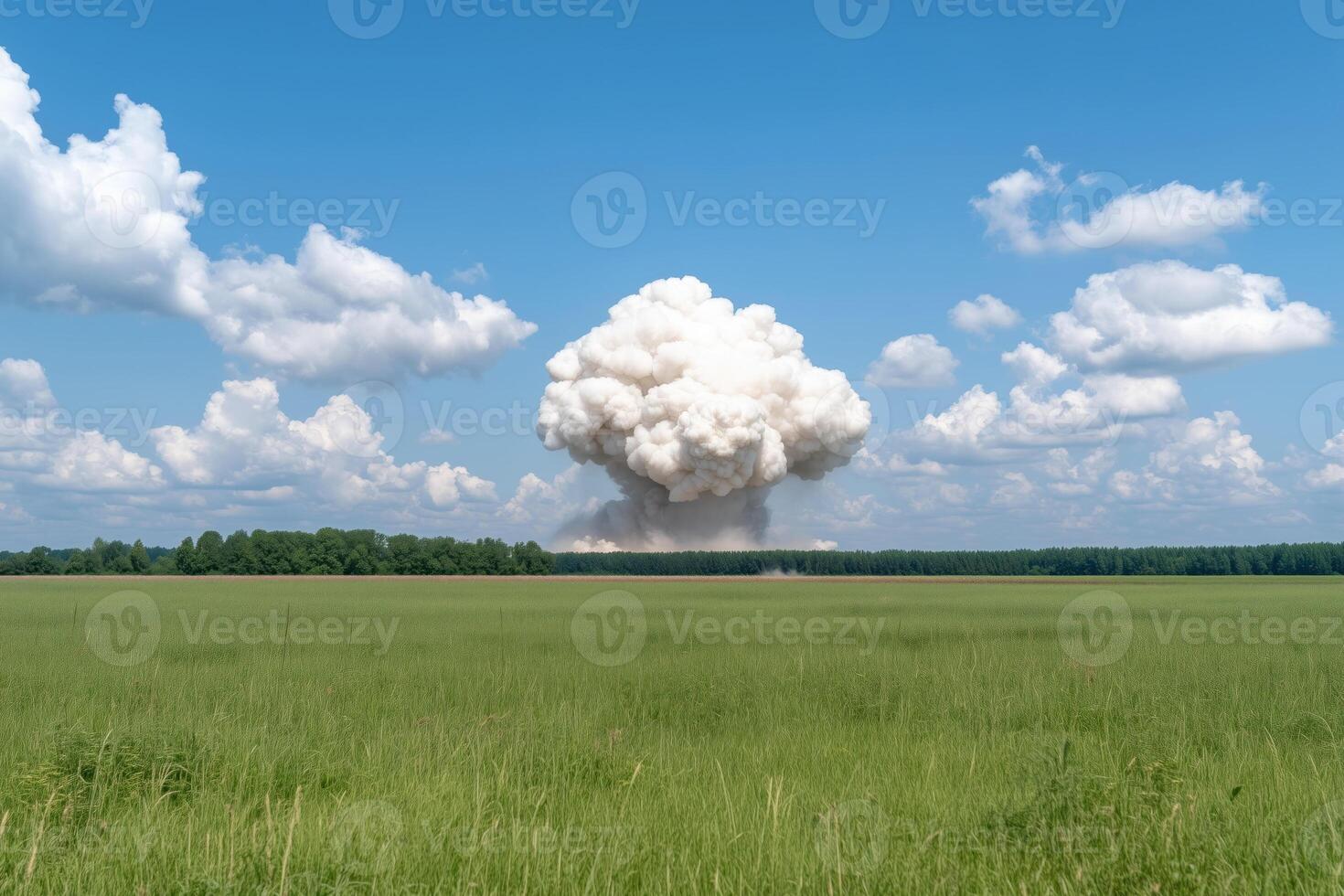 large cloud of smoke after explosion rises above a green field in summer. photo