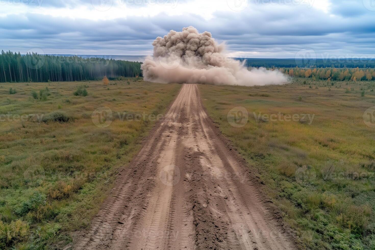 Aerial view of a forest road with a large explosion photo