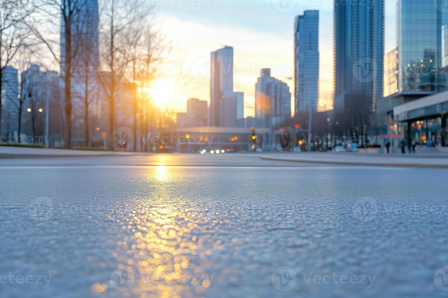 empty asphalt road with modern city skyline in the background at sunrise. photo