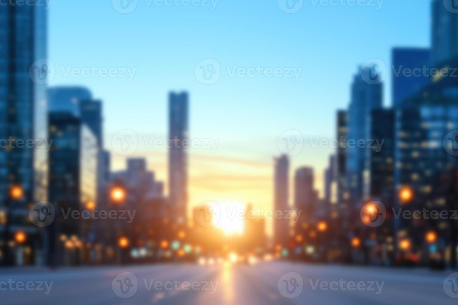 Blurred background of contemporary downtown at sunset, bokeh effect photo
