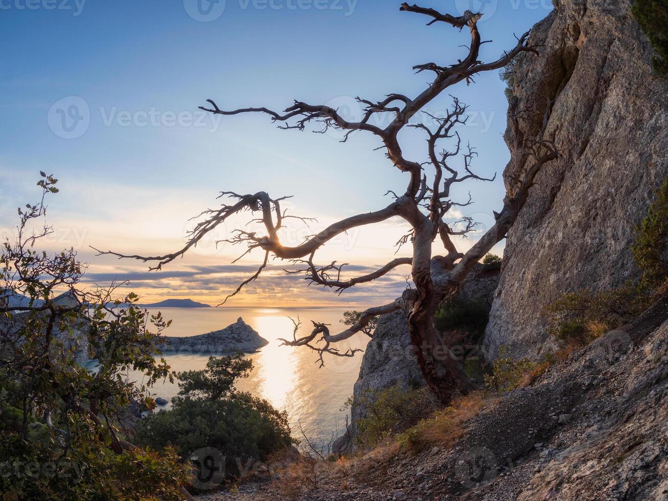 Dawn by the sea in the Crimea mountains. photo