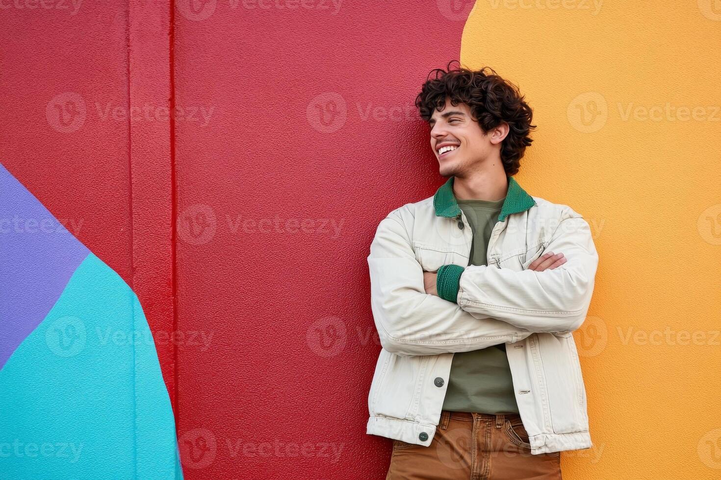 Young man enjoys vibrant colors while posing confidently against an background photo