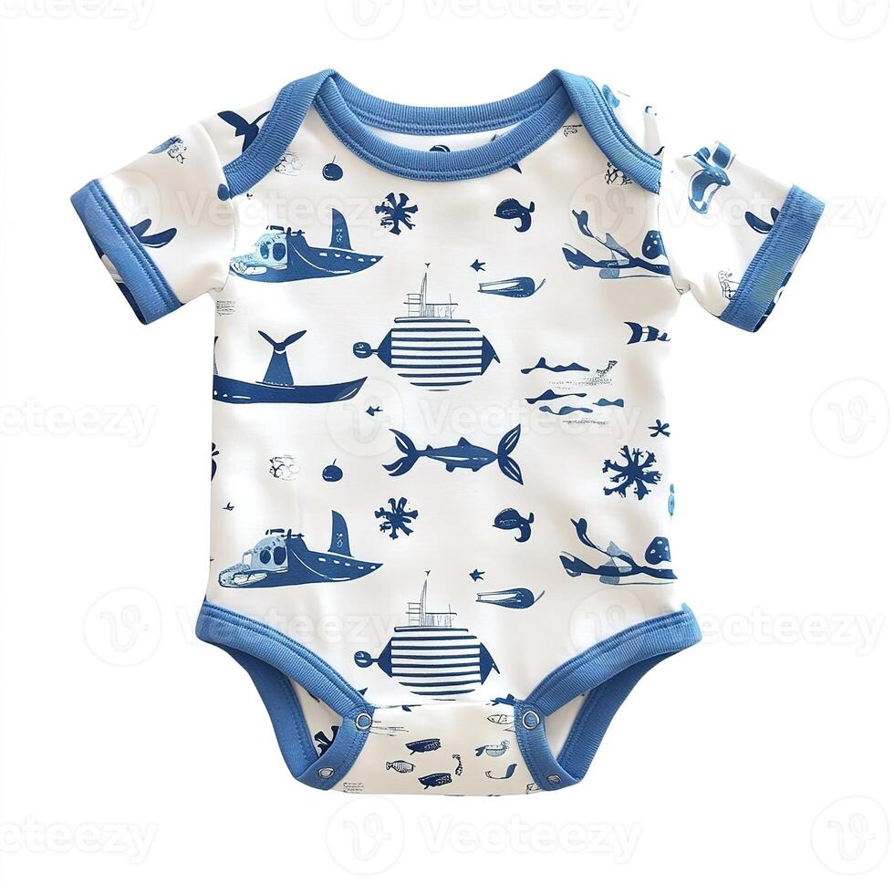 top view cute baby romper with marine theme pattern isolated on white background photo
