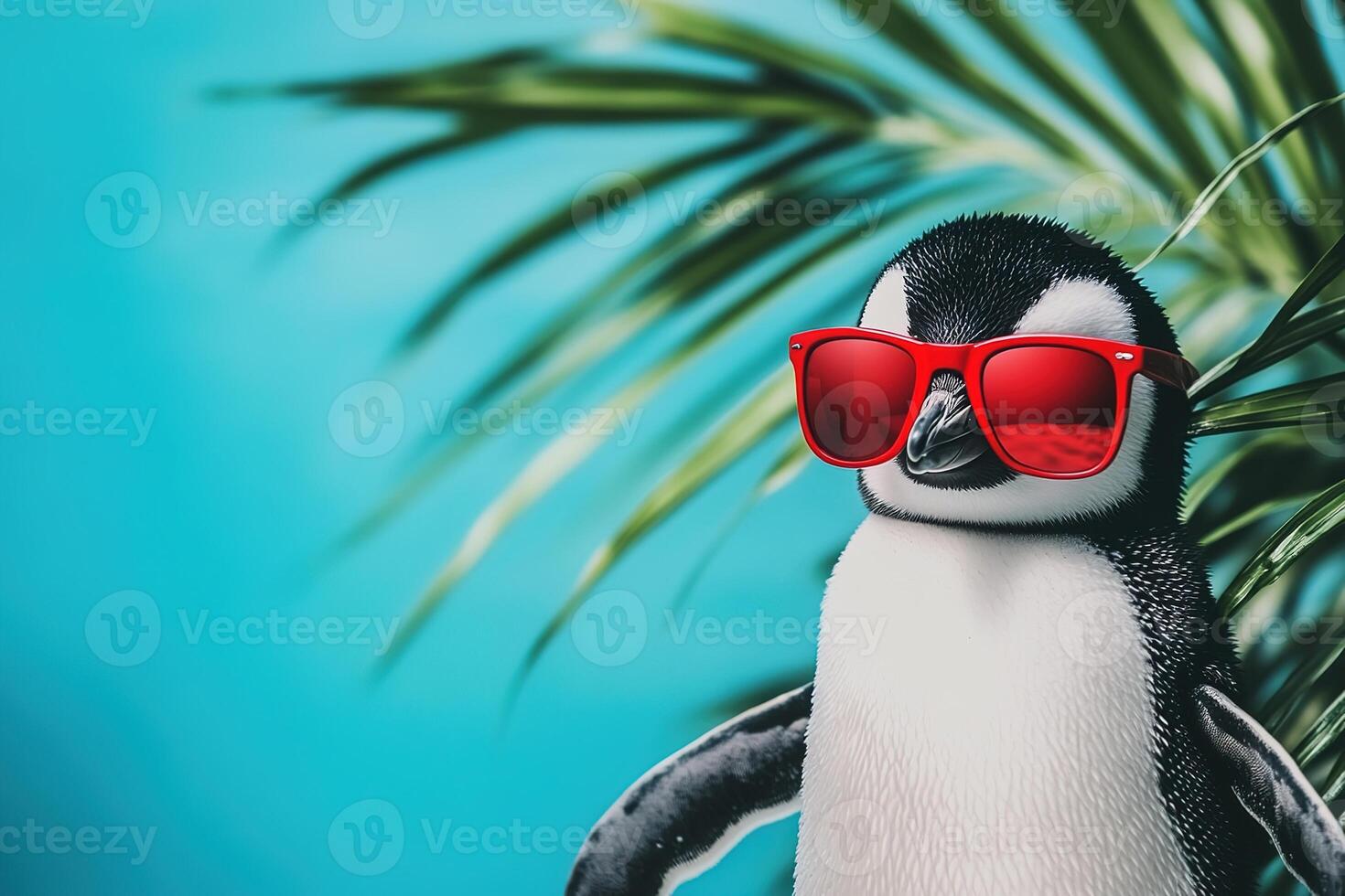 close-up adorable penguin bird in red sunglasses and palm leaves on blue background with copy space photo
