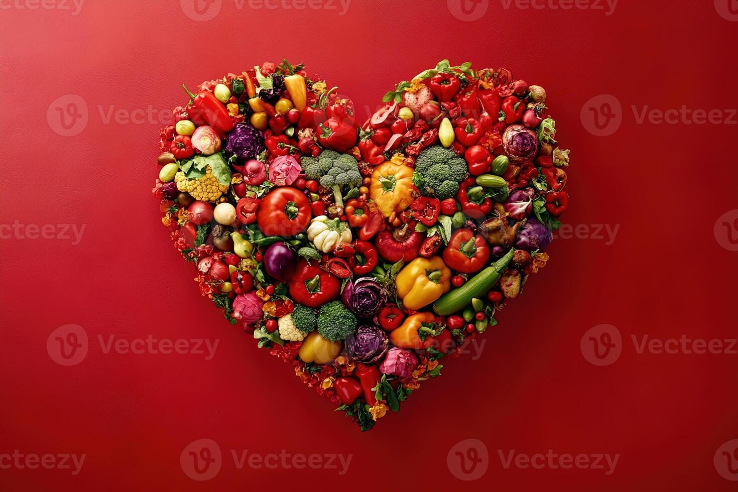 top view vegetables pepper tomato zucchini onion greens laid out in the shape of a heart on a red background photo