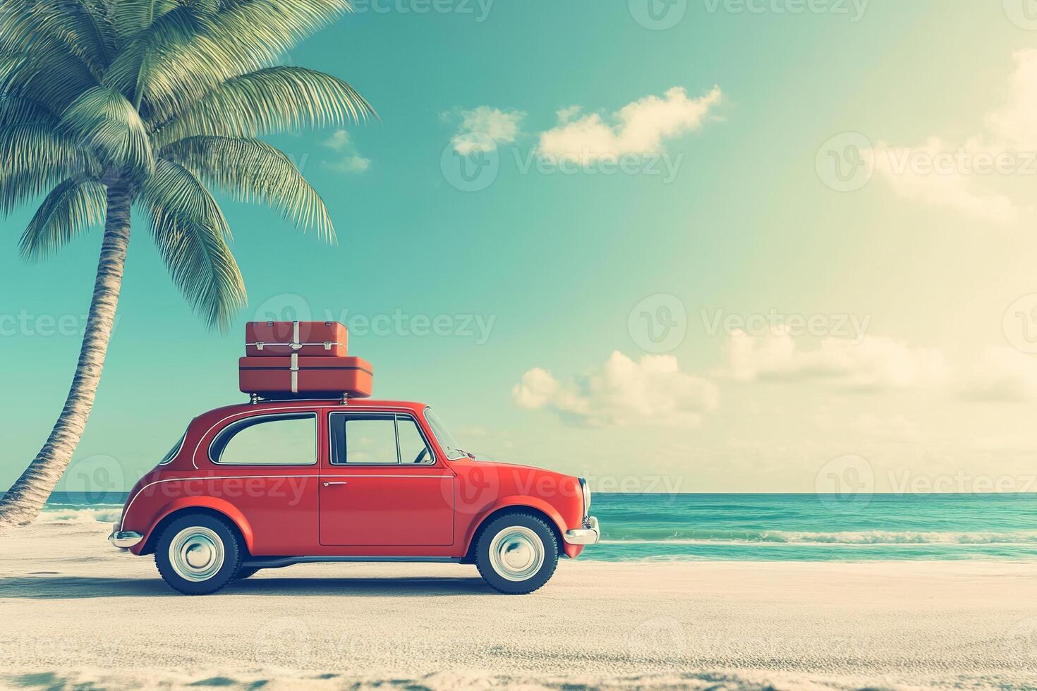 close-up little red retro toy car with luggage on blurred sea or ocean beach with green palm trees background with copy space summer vacation traveling concept photo