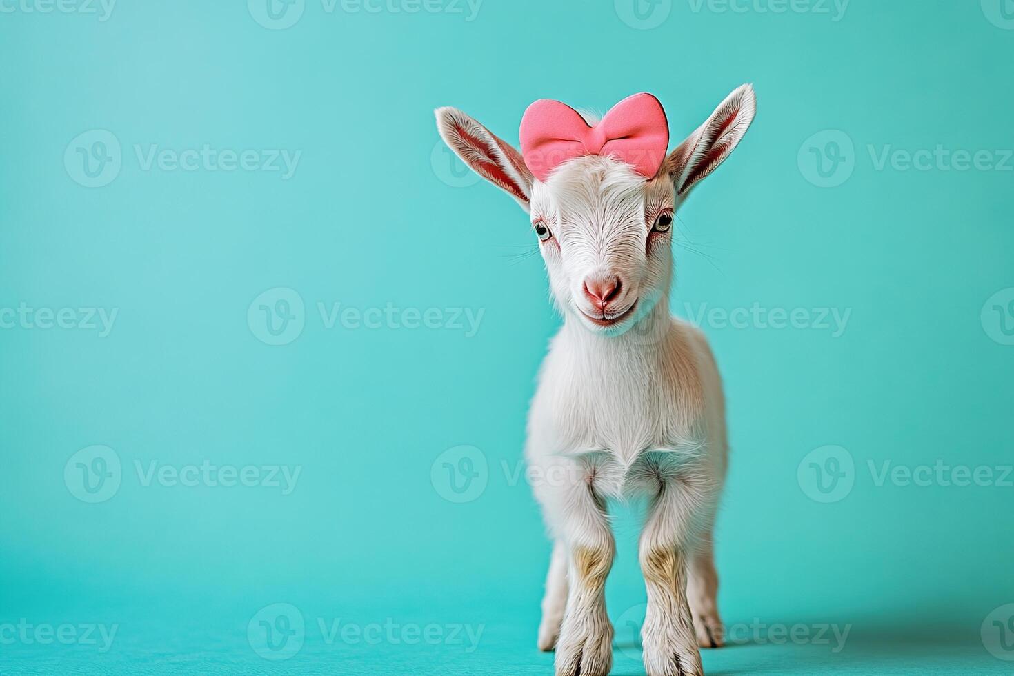 baby goat wearing a pink bow on its head standing on a soft teal background with copy space photo
