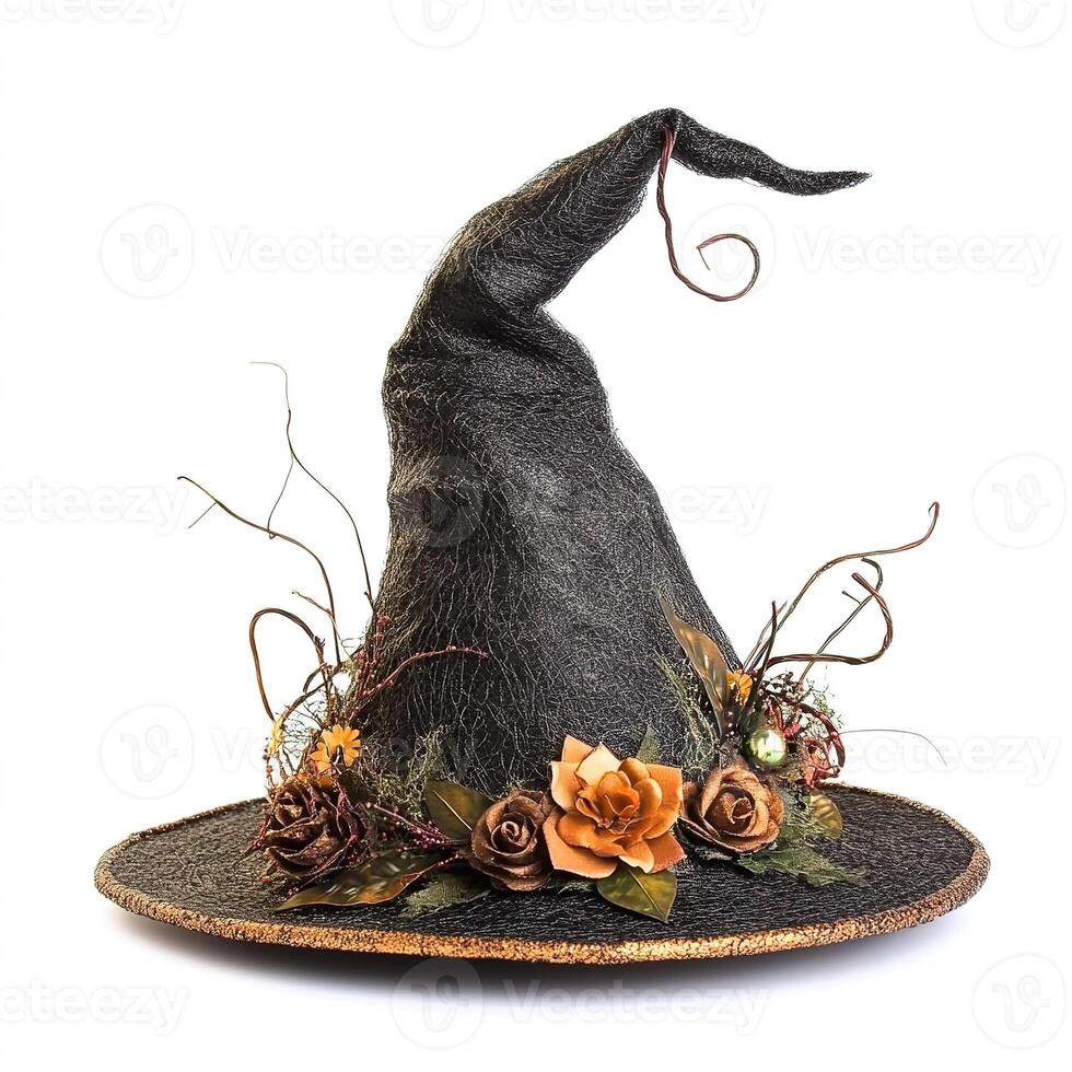 stylish pointed witch hat decorated with flowers and plants isolated on white background photo