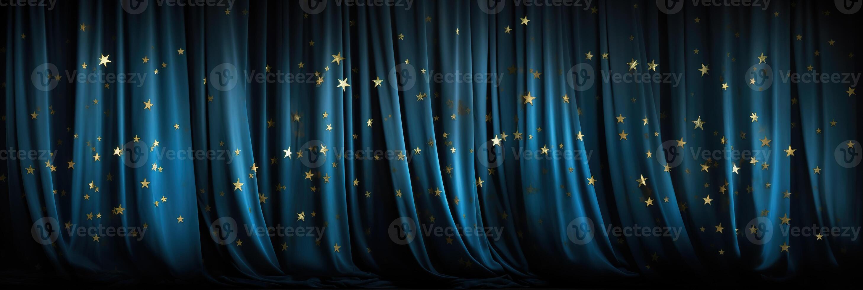 empty dramatic scene banner background, blue closed curtain with small golden shiny stars on stage of theater or cinema slightly ajar photo