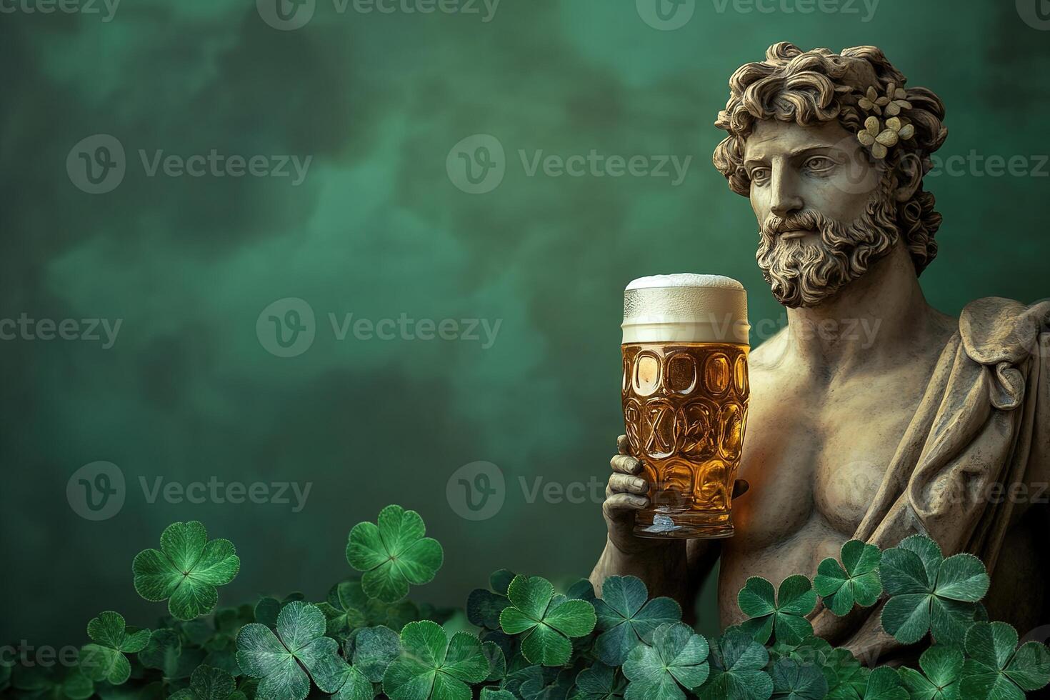 roman antique statue of man with glass of cold refreshing beer with shamrock leaves on green background with copy space photo