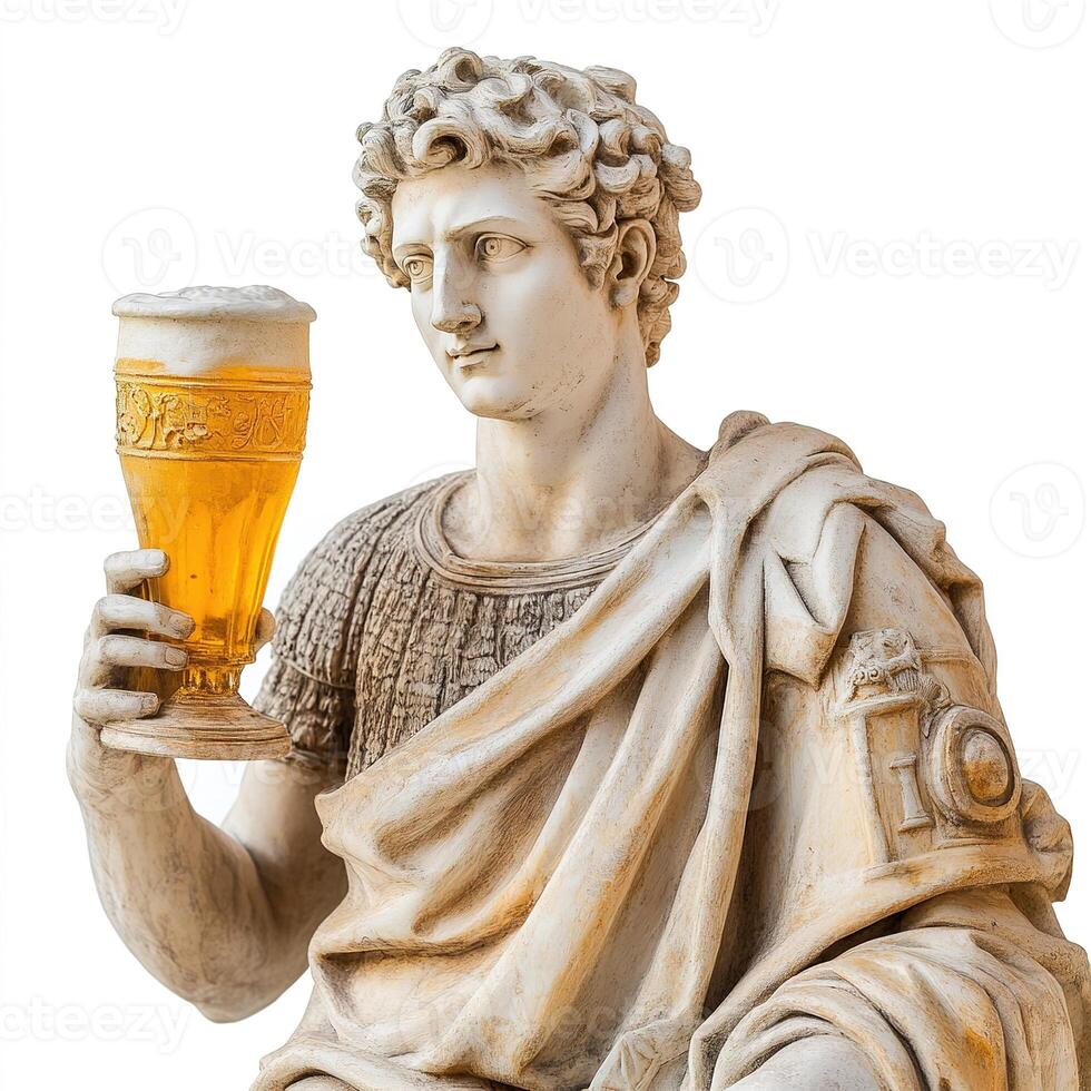 antique greek sculpture of man holding glass of cold refreshing beer isolated on white background photo