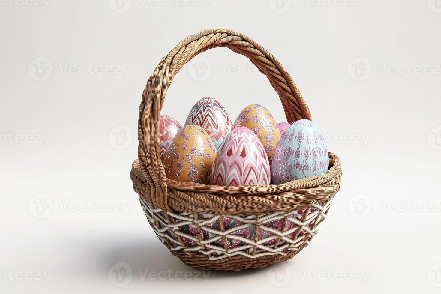 close-up wicker basket with pastel colors decorated Easter eggs with different patterns isolated on white background photo