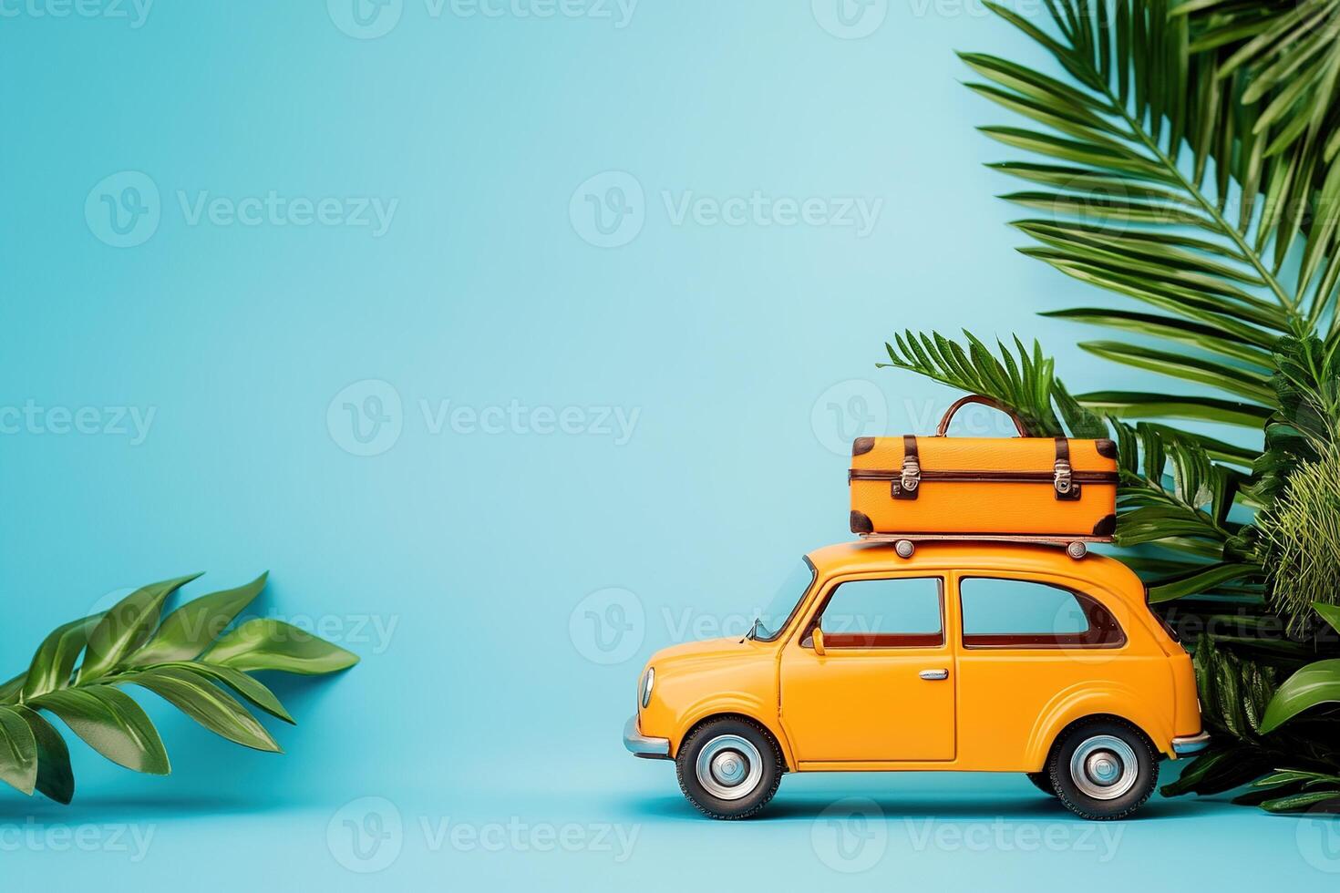 summer vacation traveling concept yellow retro toy car with suitcase on roof with green palm leaves around on light blue background with copy space photo