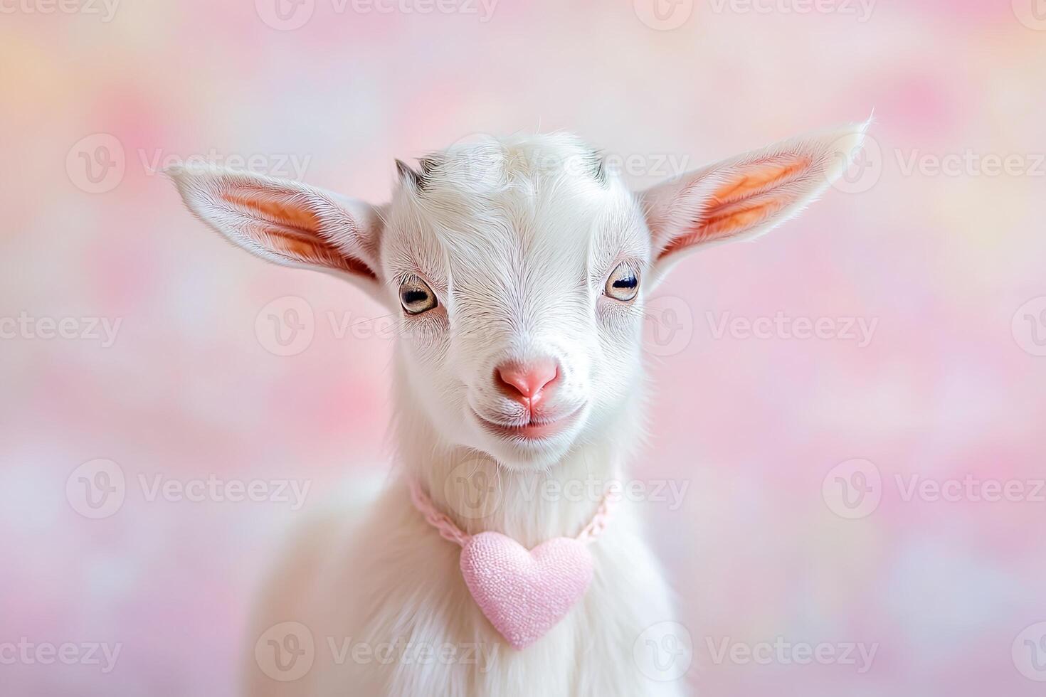 portrait lovely white baby goat wearing a tiny heart collar on pastel pink wall background photo