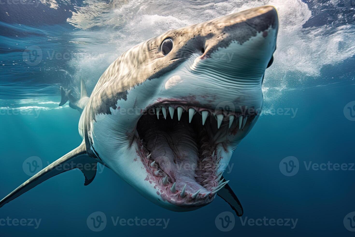 a large and dangerous shark with sharp teeth is preparing to bite prey underwater photo