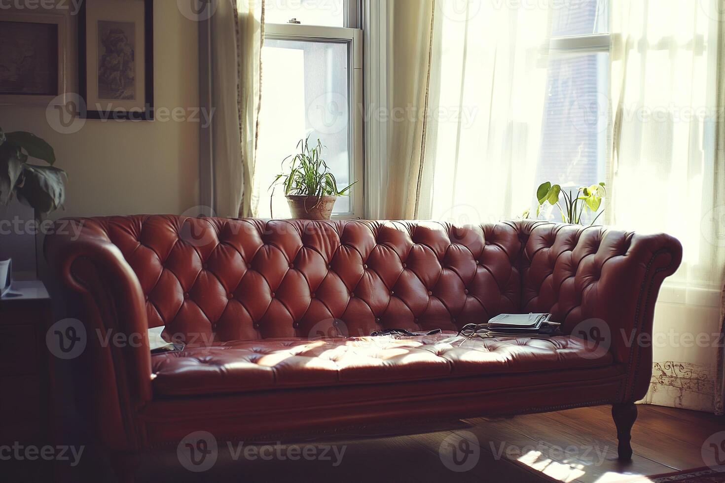 close-up old weathered leather red sofa on a wooden parquet floor near large window with curtain, stylish living room interior photo