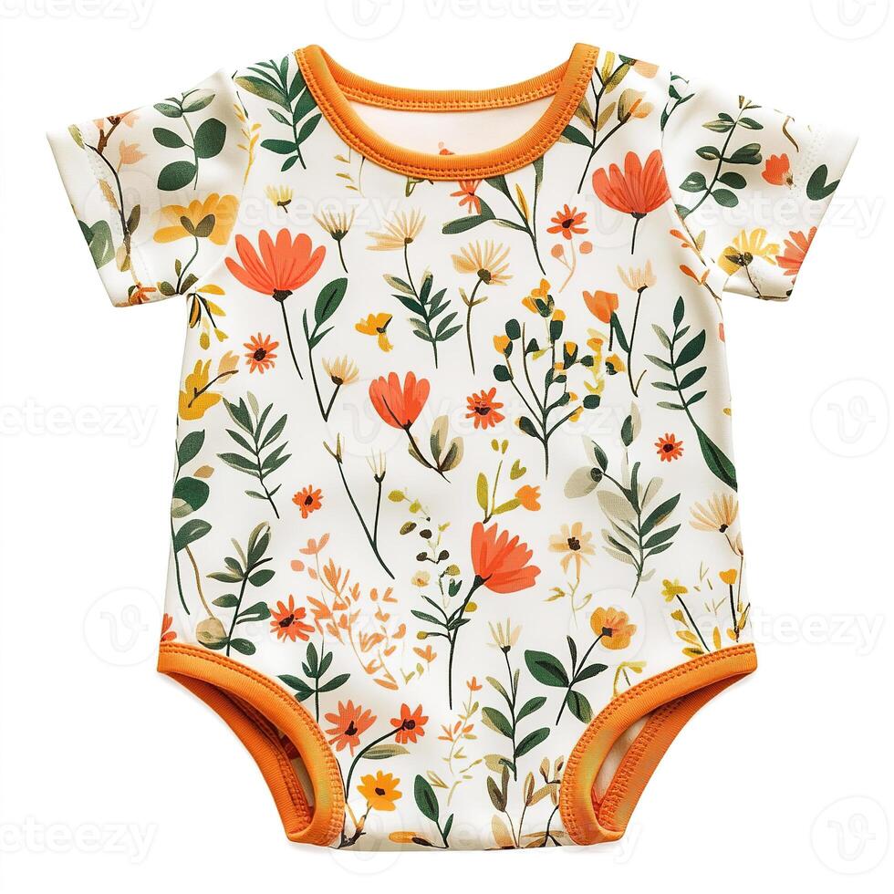 top view little newborn baby overalls with botanical pattern with flowers and leaves isolated on white background photo