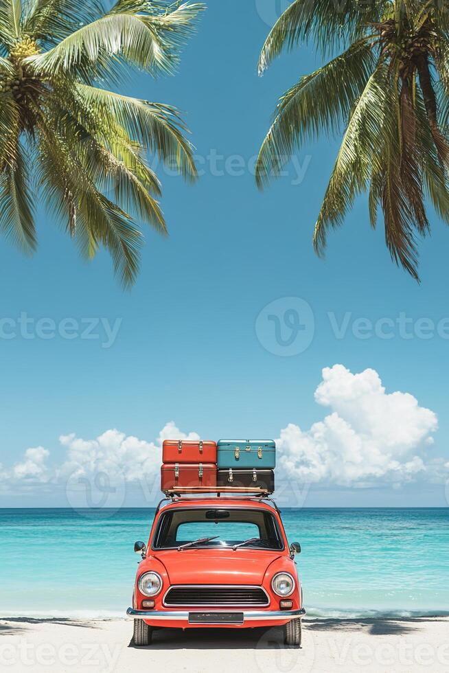 vertical image close-up little red retro toy car with luggage with palm trees on blurred sea or ocean beach background summer vacation traveling concept photo
