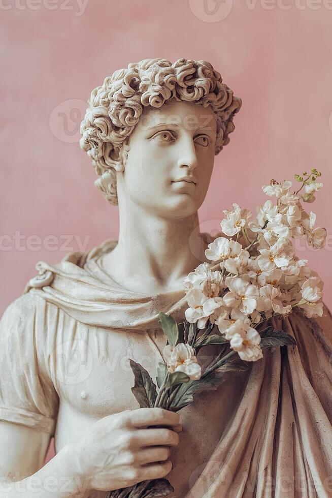 vertical portrait antique roman god statue with beard with bouquet of flowers on pastel pink background photo