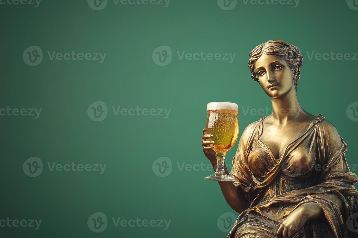 antique greek sculpture of woman with glass of cold tasty beer on green background with copy space photo