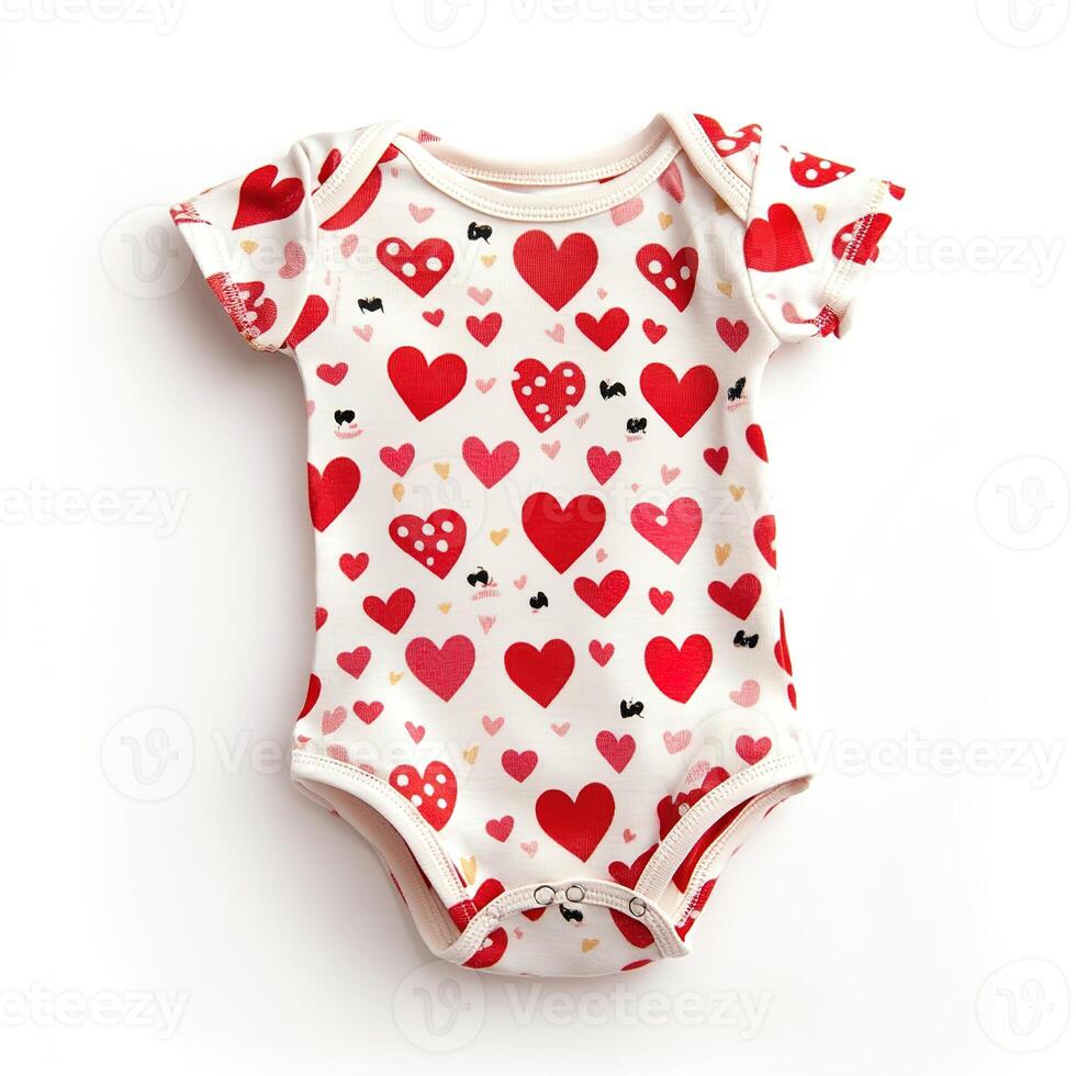 top view cute baby romper with red hearts pattern isolated on white background photo