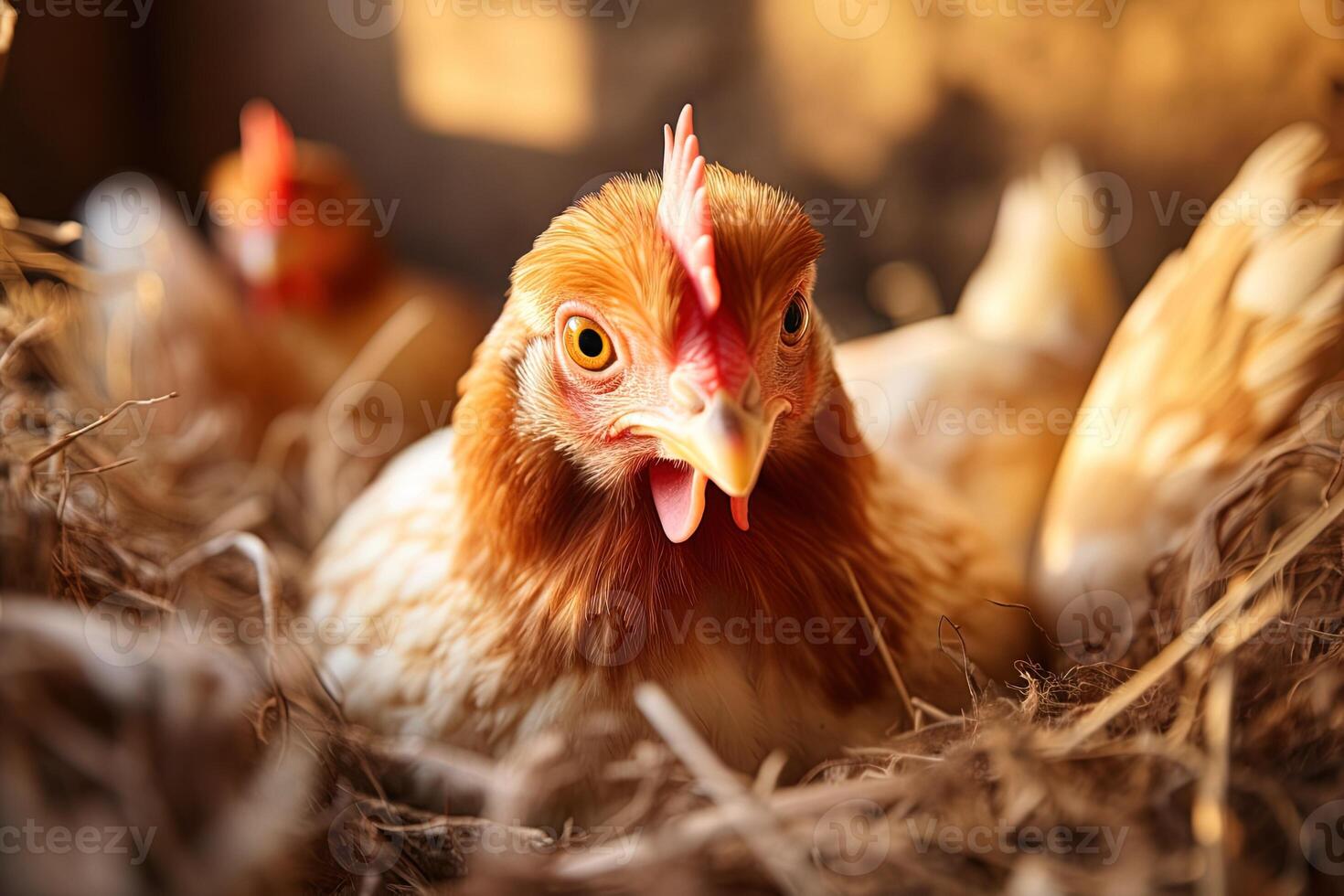 close-up of a brown hen hatching eggs in a nest of straw in a chicken coop photo
