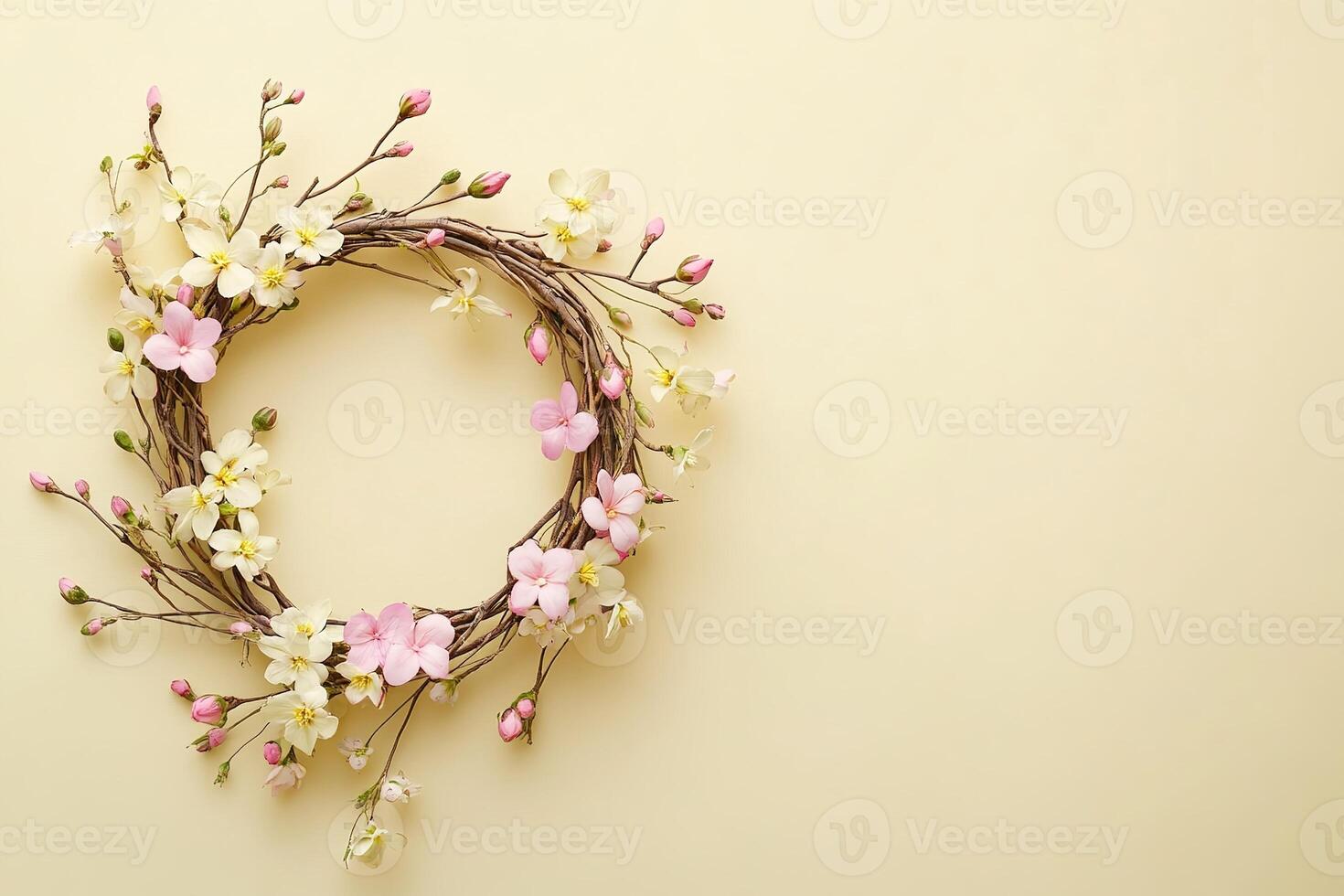 beautiful spring composition elegant floral wreath made of twigs and pastel flowers top view on light yellow background with copy space photo