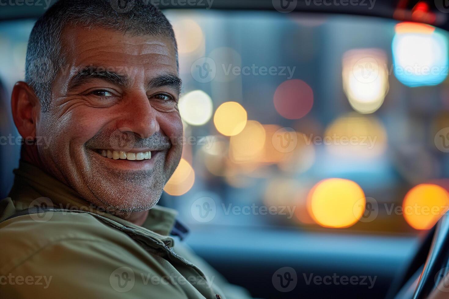 close up of smiling male taxi driver driving with blurred background of evening city outside window photo