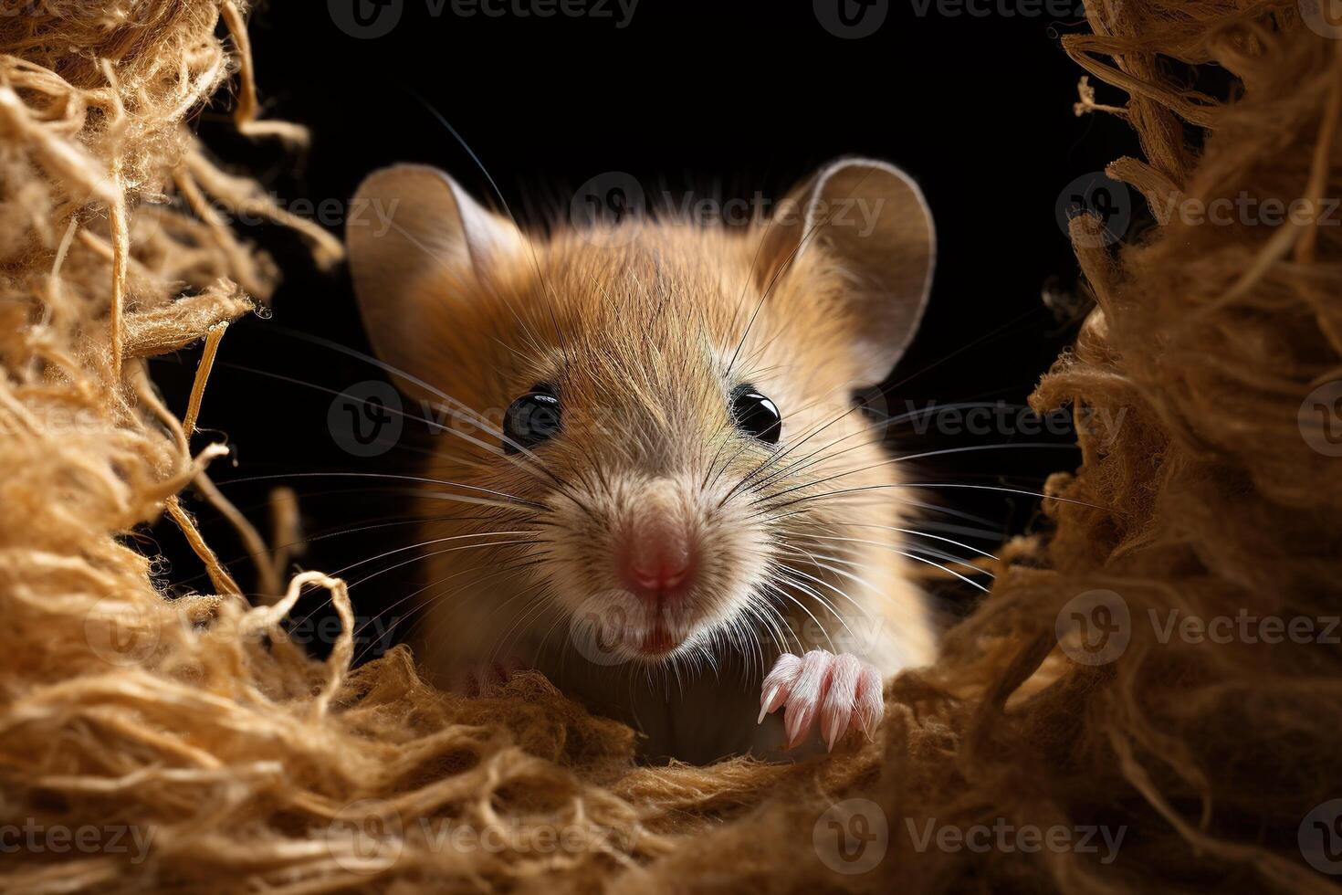 close-up of a mouse's face peeking through a hole in the fabric photo