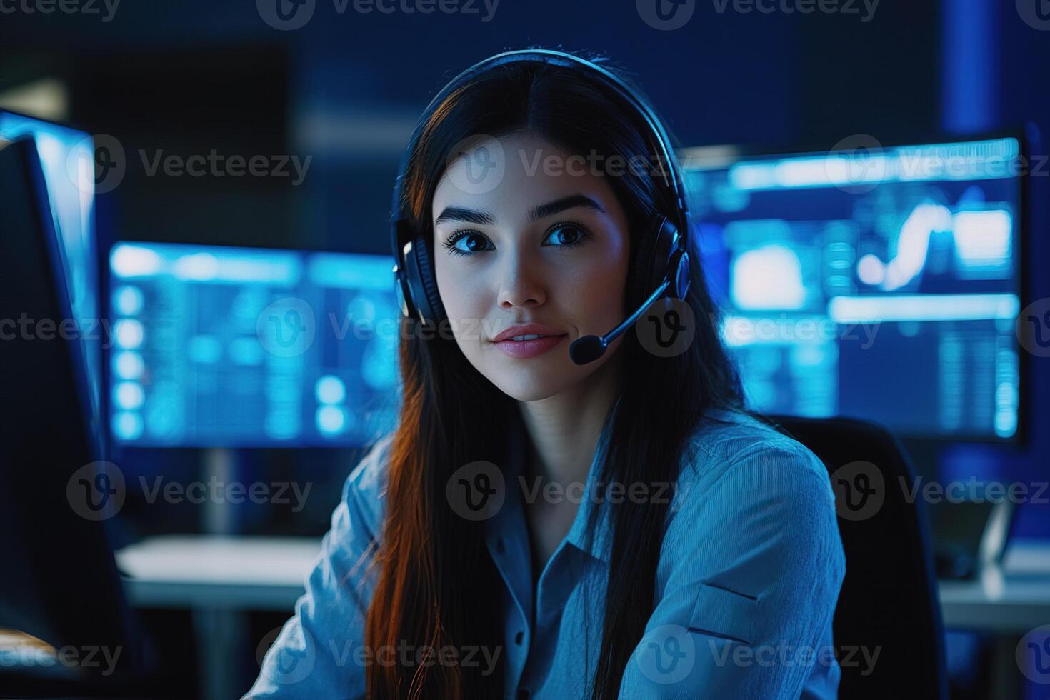 close-up portrait friendly female customer support agent wearing a headset with blue glowing computer monitors photo