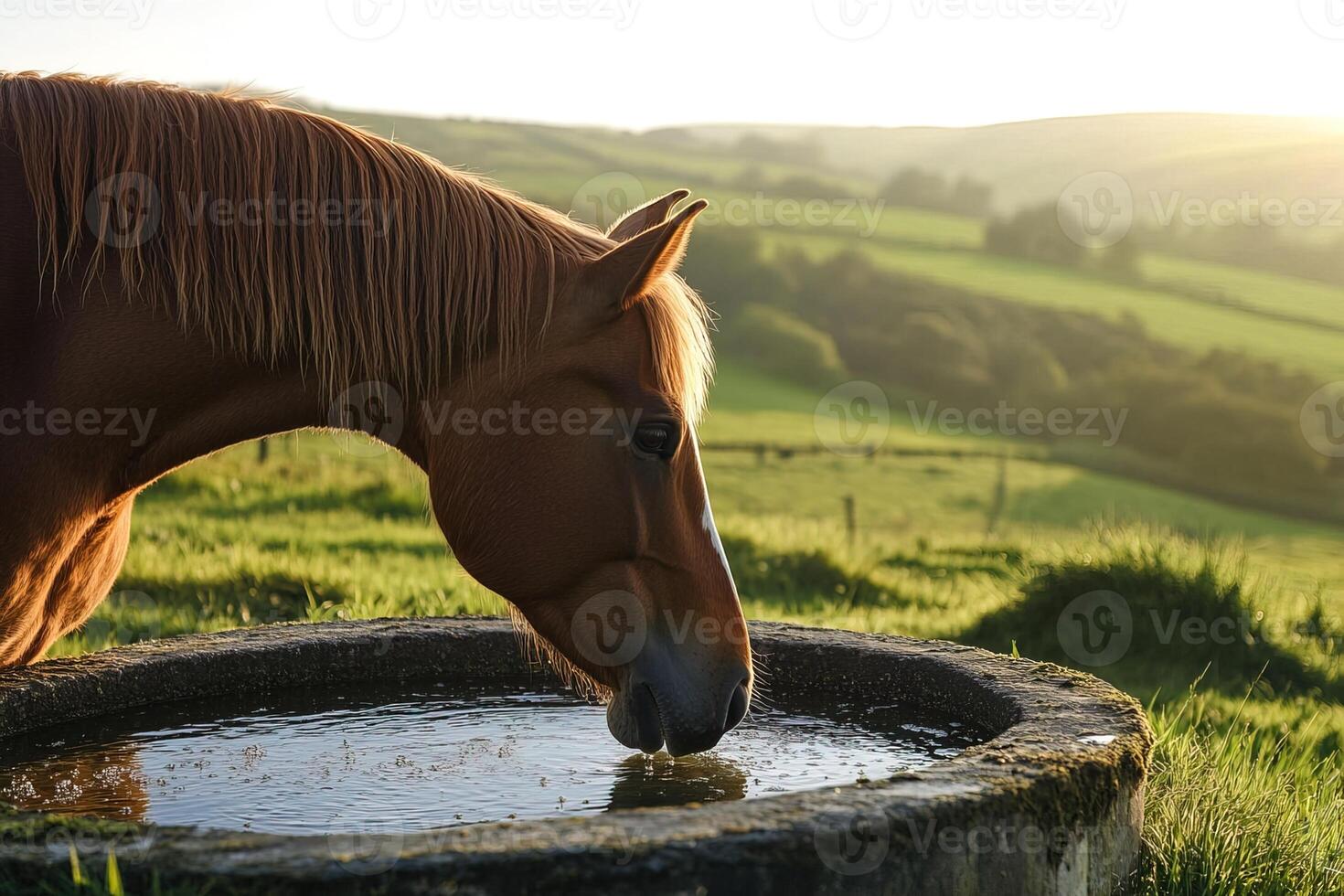 horse drinking water from a trough on a farm, green hills in the distance, soft morning light with dew on the grass photo